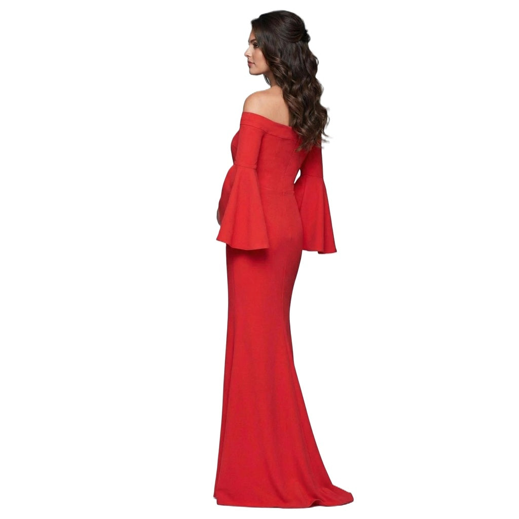 Off-Shoulder ruffle 3/4 sleeves slip on the left Long Prom Dress