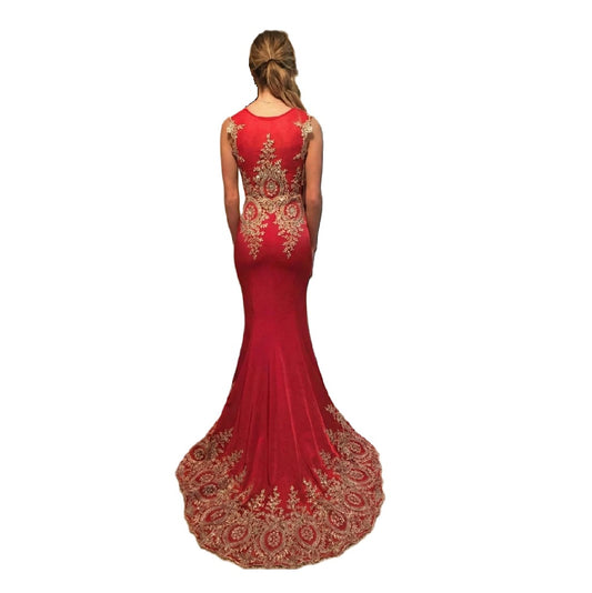 Applique Stone-Embellished Long Prom Dress with Long Train