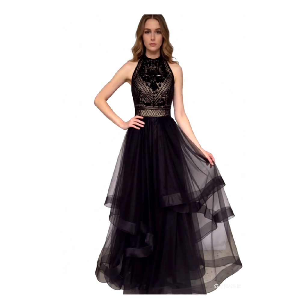 Handmade Beaded Halter Gown with Multiple Layers