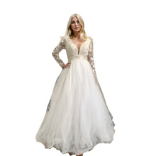 Load image into Gallery viewer, Handcrafted Beaded Long-Sleeve White Wedding Gown with Deep-V Neckline