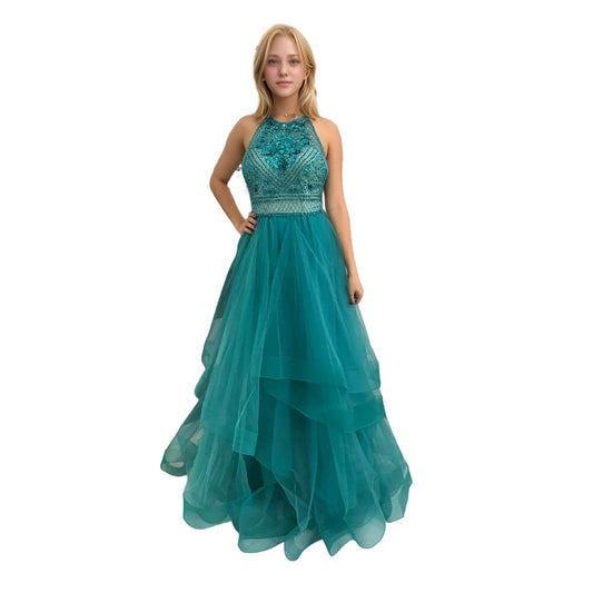 Handmade Beaded Halter Gown with Multiple Layers