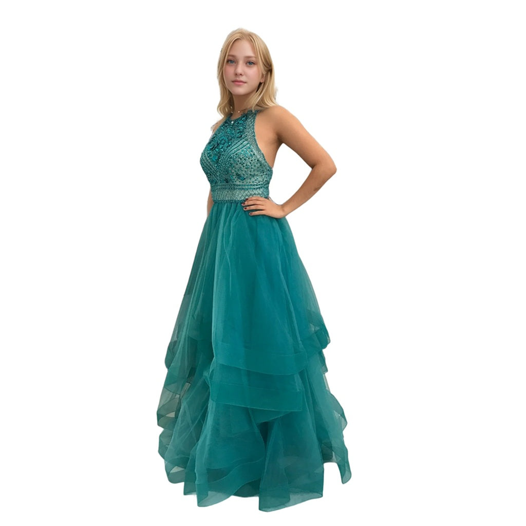 Handmade Beaded Halter Gown with Multiple Layers