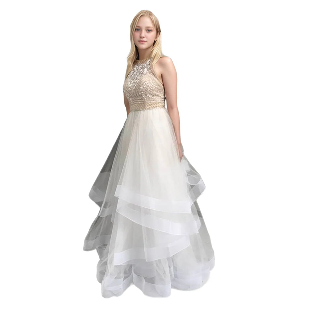 Handmade Beaded Halter Gown with Multiple Layers