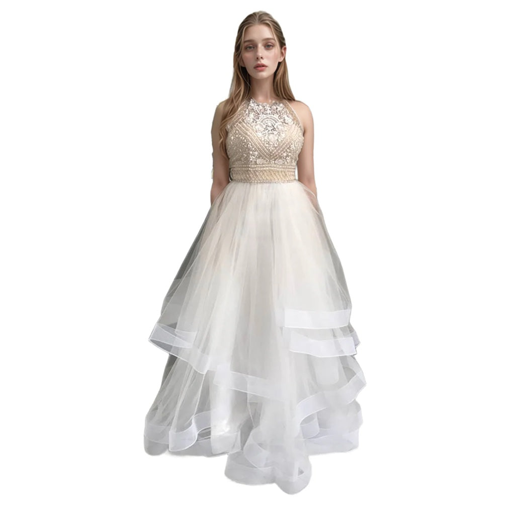 Handmade Beaded Halter Gown with Multiple Layers