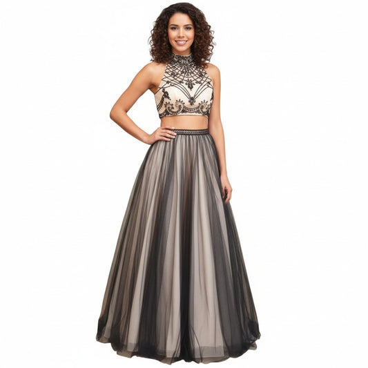 Black Beaded Two-Piece Long Prom Dress with Petticoat