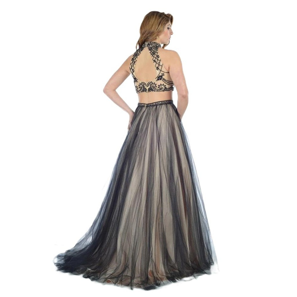 Black Beaded Two-Piece Long Prom Dress with Petticoat