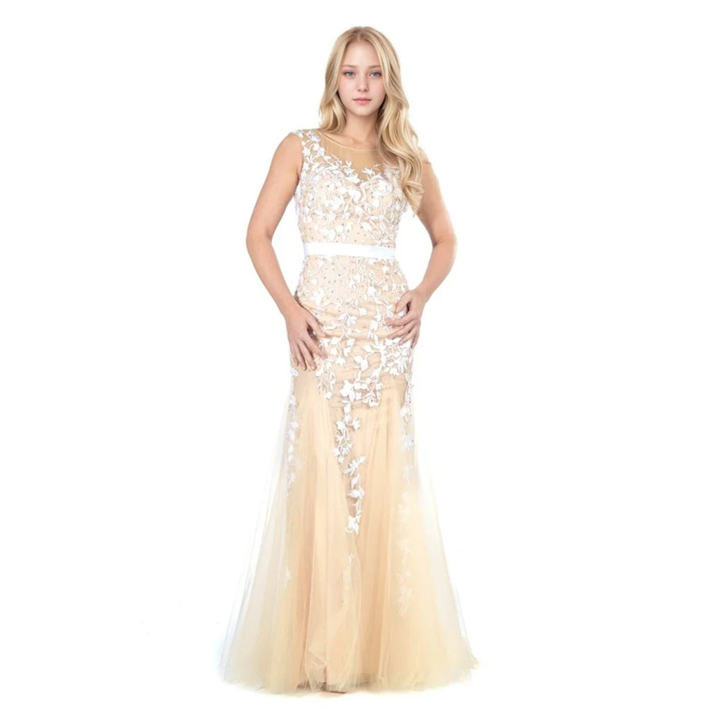 Applique Lace-Embellished A-Line Long Prom Dress with Train