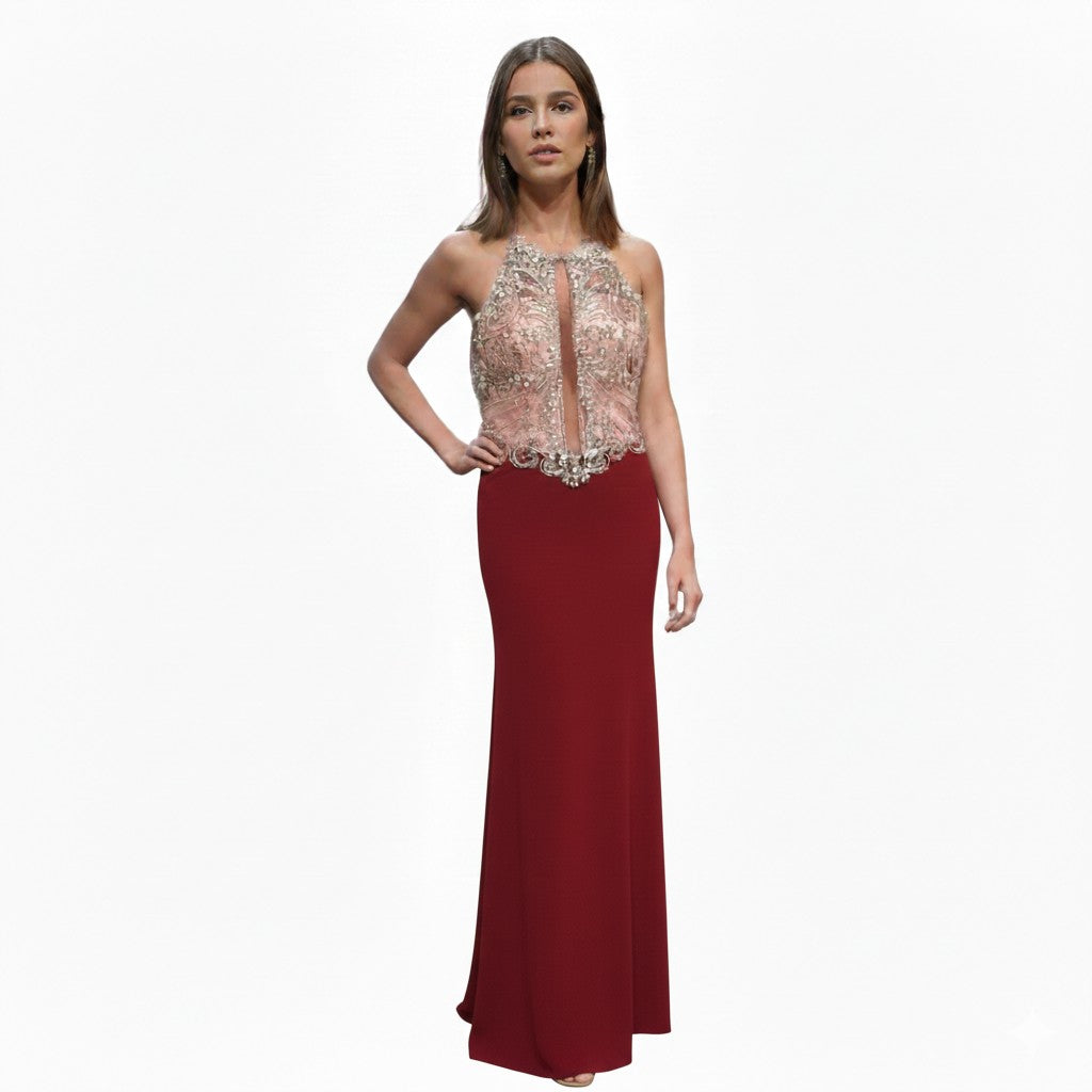 Crystal Beaded Halter Long Evening Dress