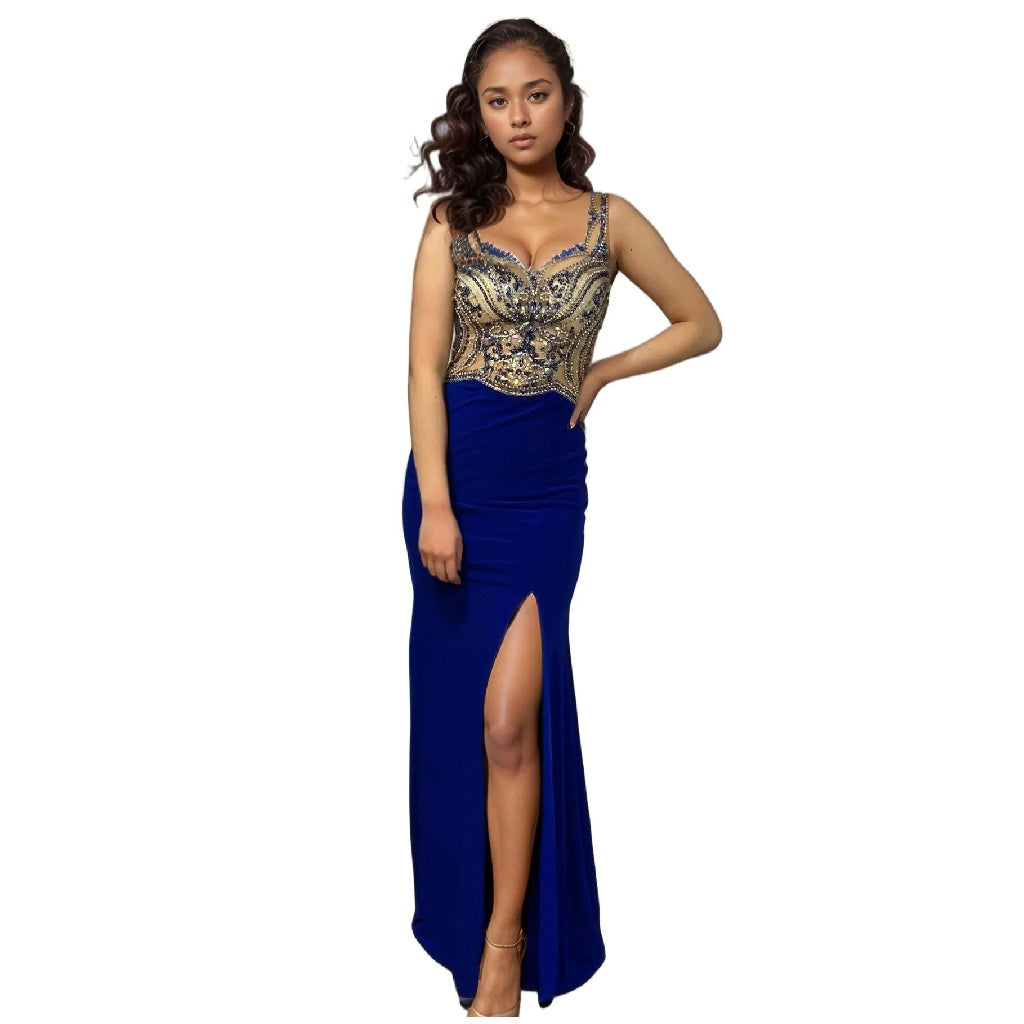 Crystal Beaded Sweetheart Long Evening Dress with Train