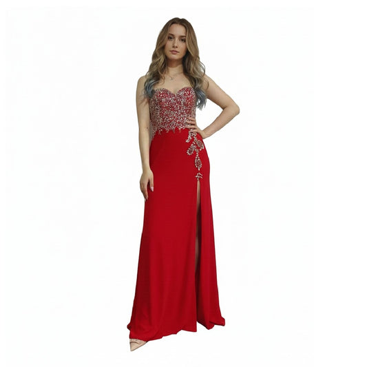 Strapless Beaded Slit Long Dress