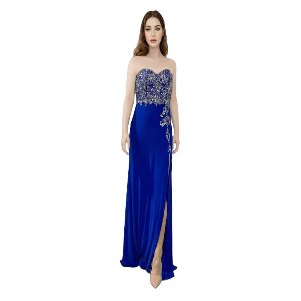 Strapless Beaded Slit Long Dress