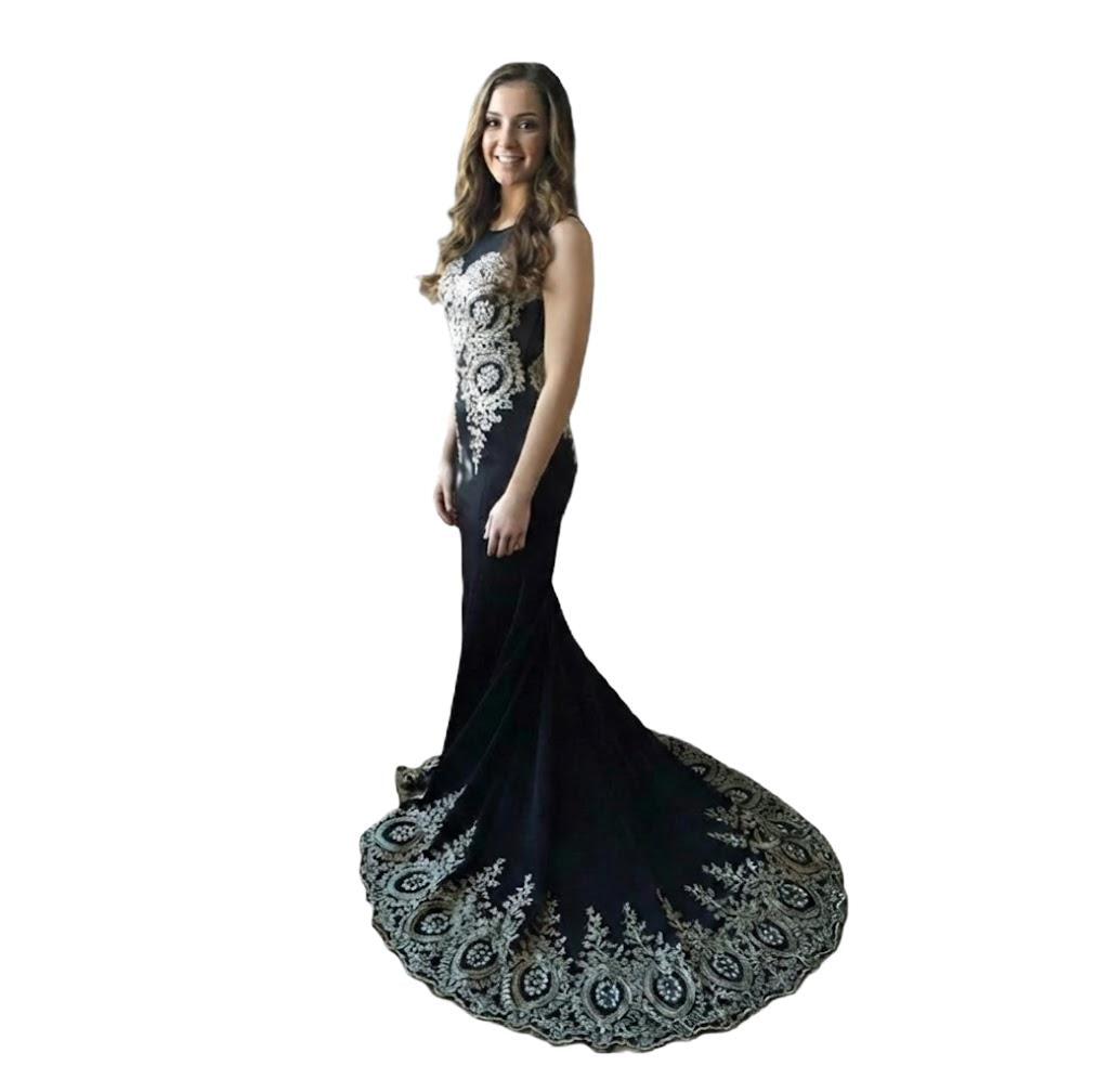 Applique Stone-Embellished Long Prom Dress with Long Train