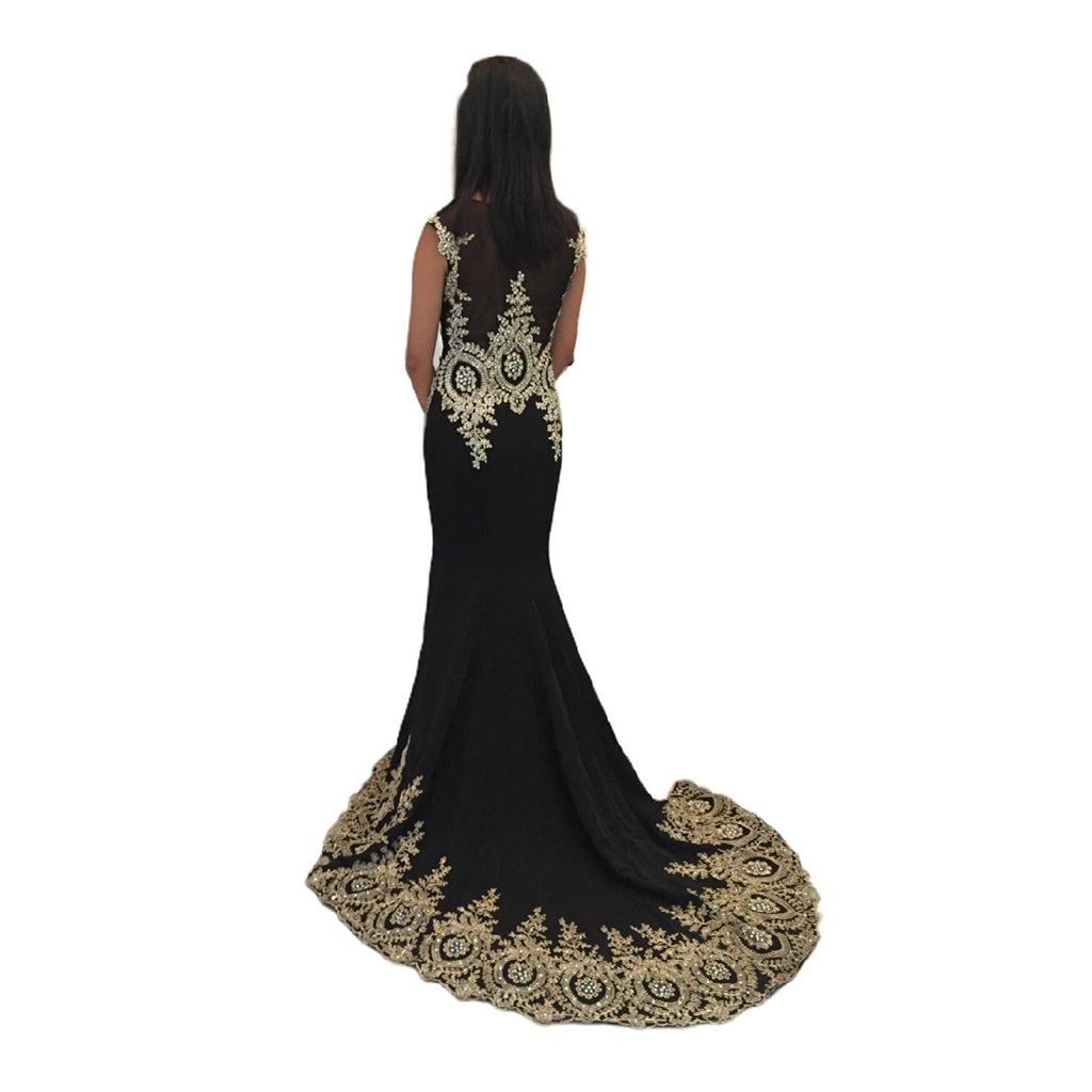 Applique Stone-Embellished Long Prom Dress with Long Train