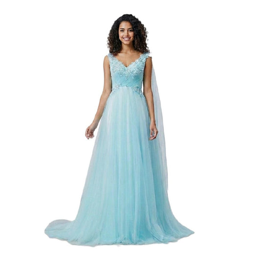 Radiate Pure Elegance in this Azure Tulle Gown