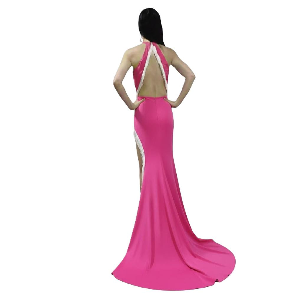 Sexy Back with Tassel Left Slit Hot Pink  Long Wedding / Pageant /Prom Dress