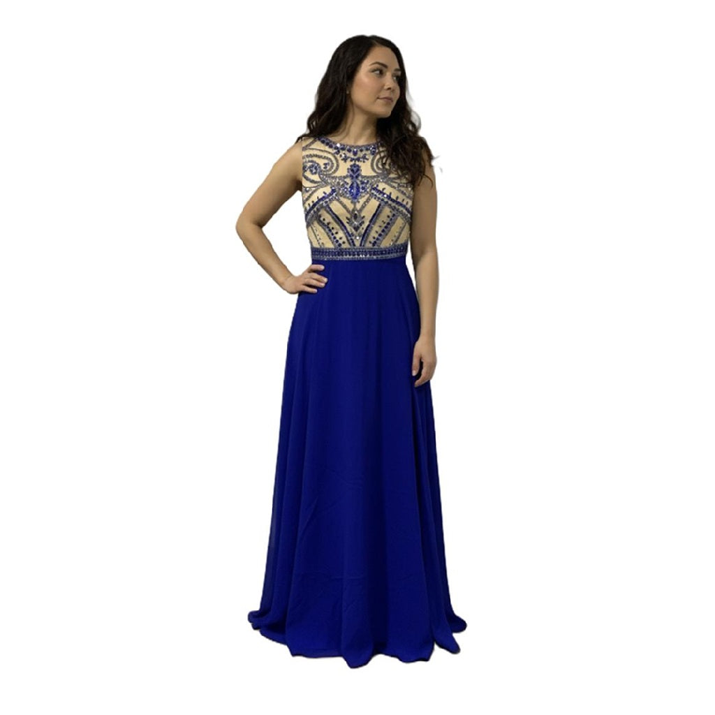 Crystal Beaded Bodice Sleeveless Long Evening Gown with Over-skirt