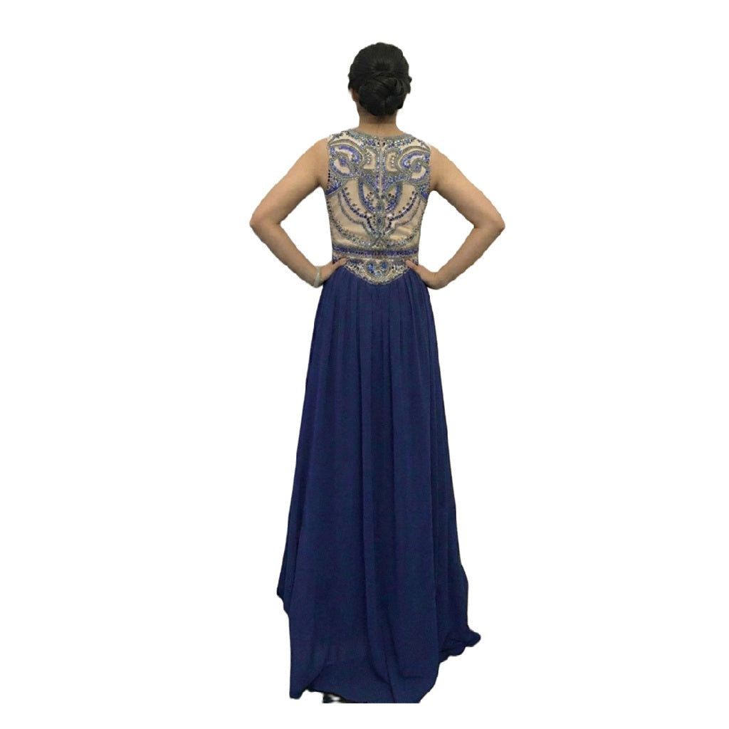Crystal Beaded Bodice Sleeveless Long Evening Gown with Over-skirt