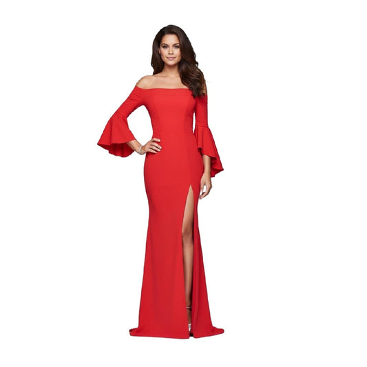 Off-Shoulder ruffle 3/4 sleeves slip on the left Long Prom Dress