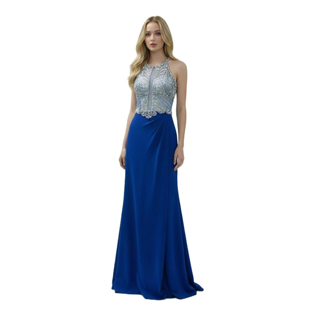 Crystal Beaded Halter Long Evening Dress