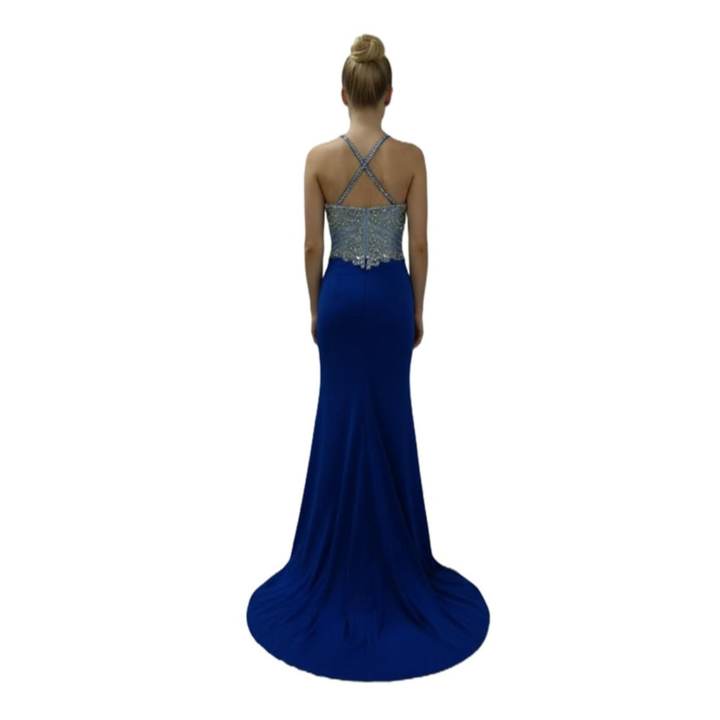 Crystal Beaded Halter Long Evening Dress
