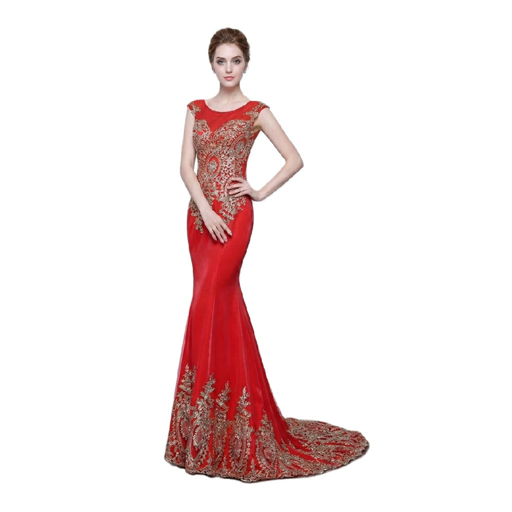 Applique Stone-Embellished Long Prom Dress with Long Train