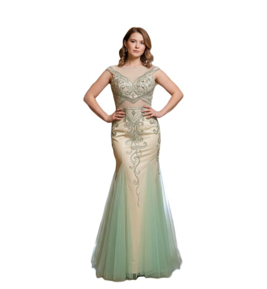 Champagne Heavy Beaded Illusion Gown