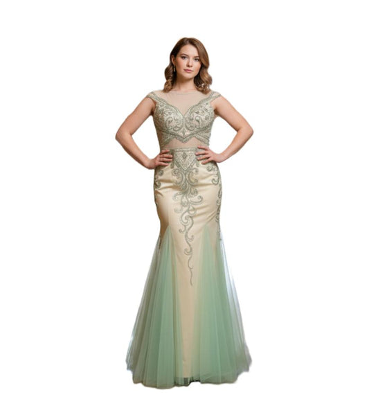 Champagne Heavy Beaded Illusion Gown