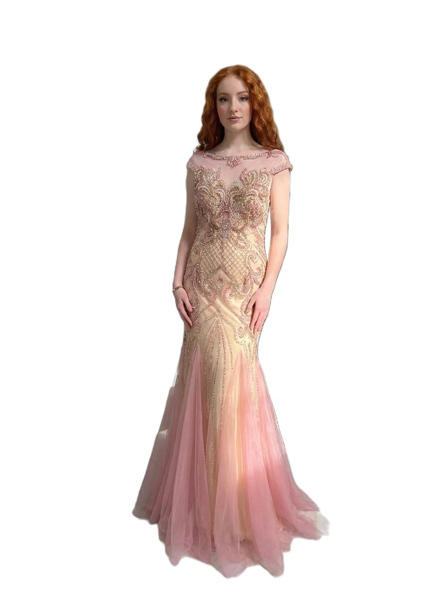 Champagne Heavy Beaded Illusion Gown
