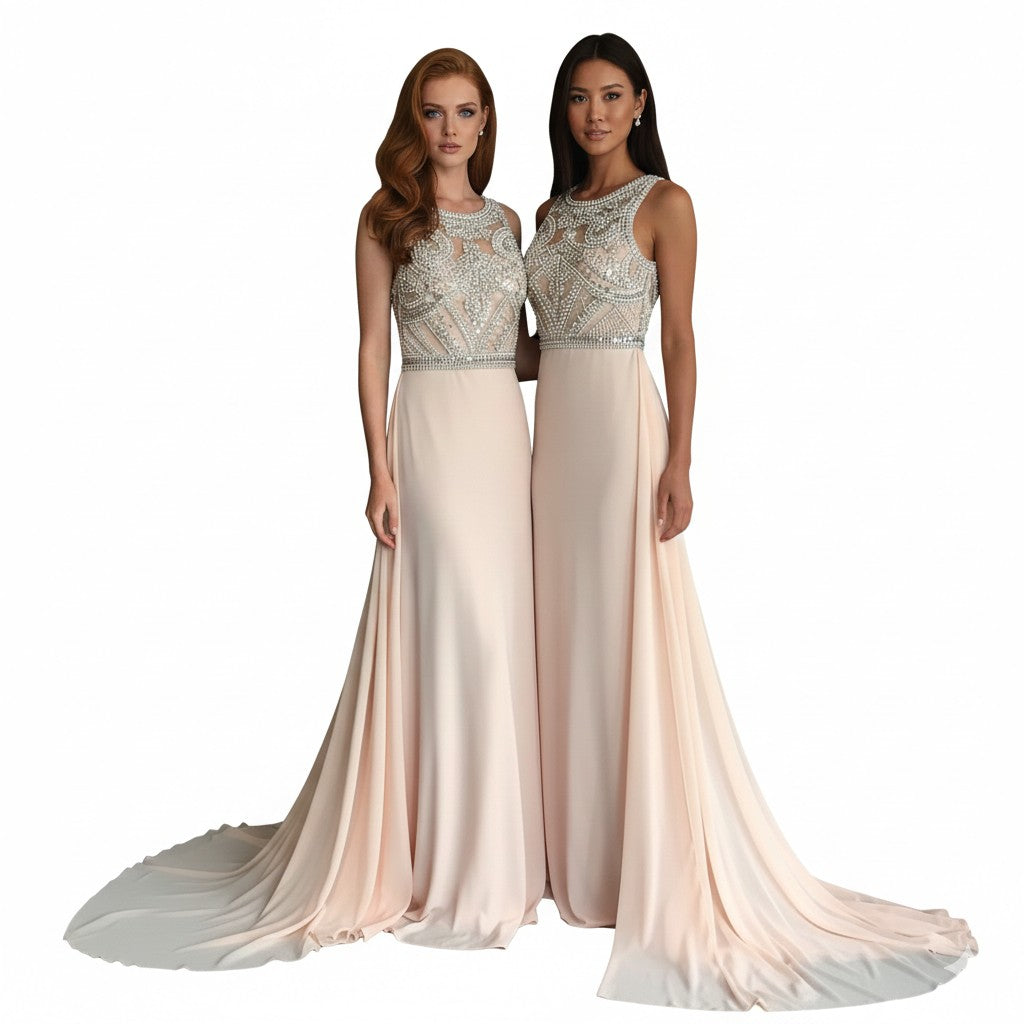Crystal Beaded Bodice Sleeveless Long Evening Gown with Over-skirt