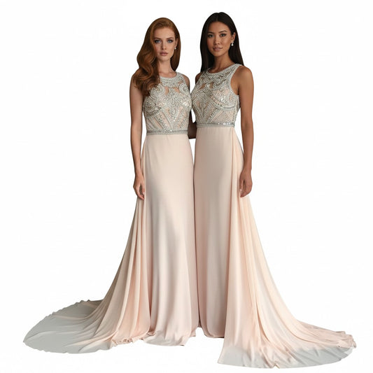 Crystal Beaded Bodice Sleeveless Long Evening Gown with Over-skirt