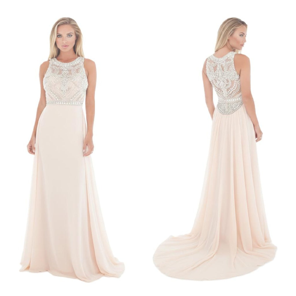 Crystal Beaded Bodice Sleeveless Long Evening Gown with Over-skirt