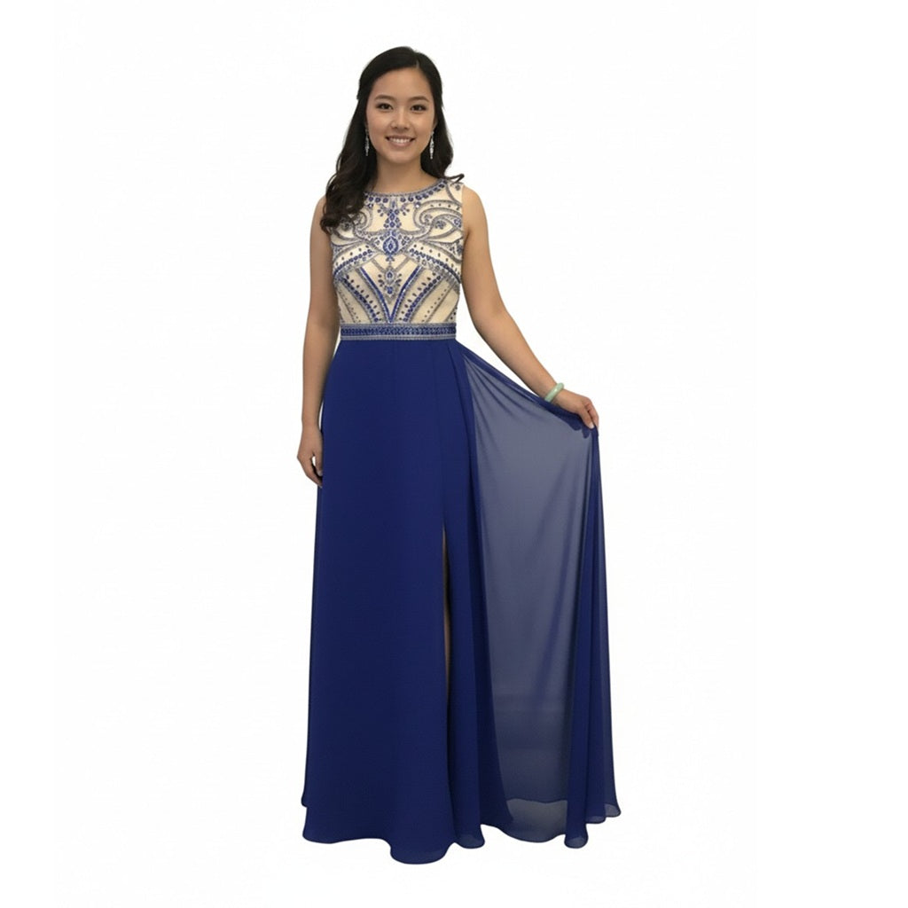 Crystal Beaded Bodice Sleeveless Long Evening Gown with Over-skirt
