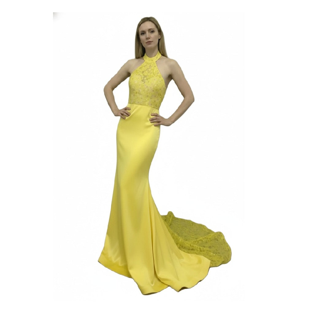 Lace Halter Long Train Evening Dress