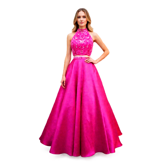 Elegant Beaded Halter Two-Piece A-Line Evening Gown