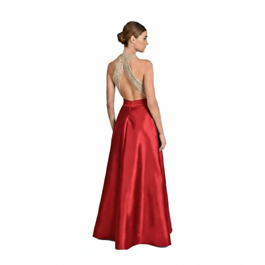 Beaded Halter Open-Back PromDress