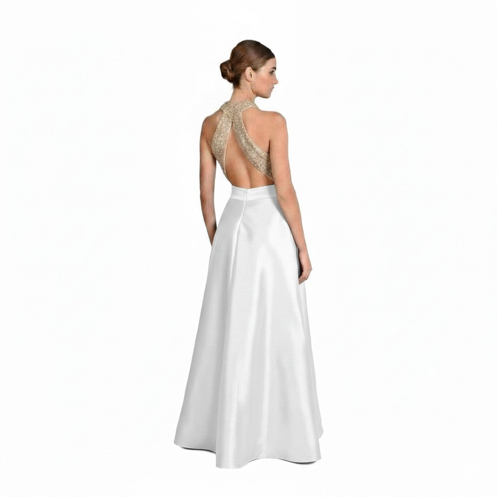 Beaded Halter Open-Back PromDress