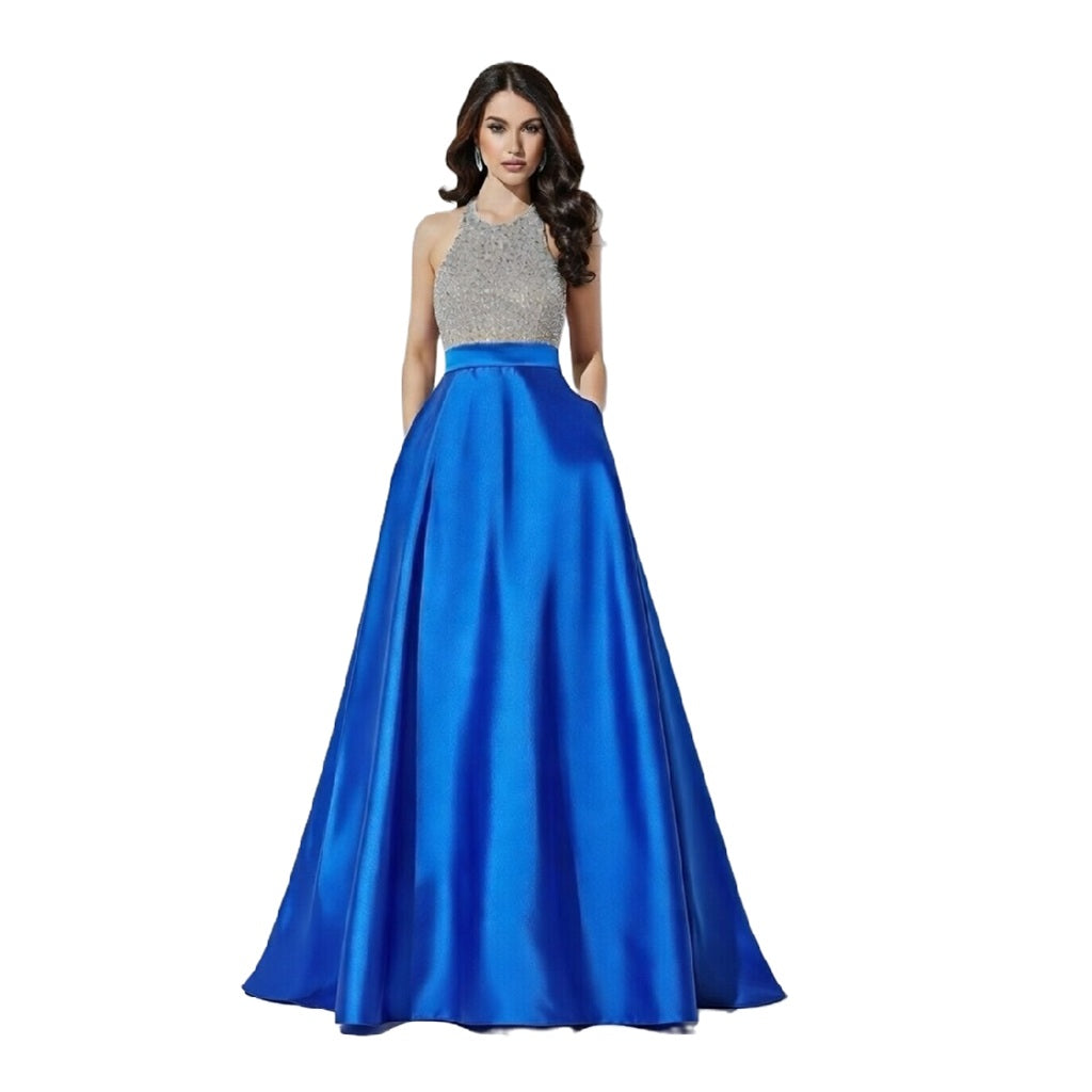 Beaded Halter Open-Back PromDress