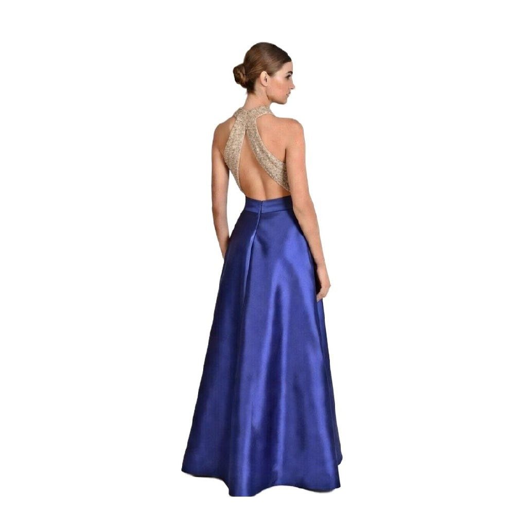 Beaded Halter Open-Back PromDress