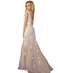 Applique Lace-Embellished A-Line Long Prom Dress with Train