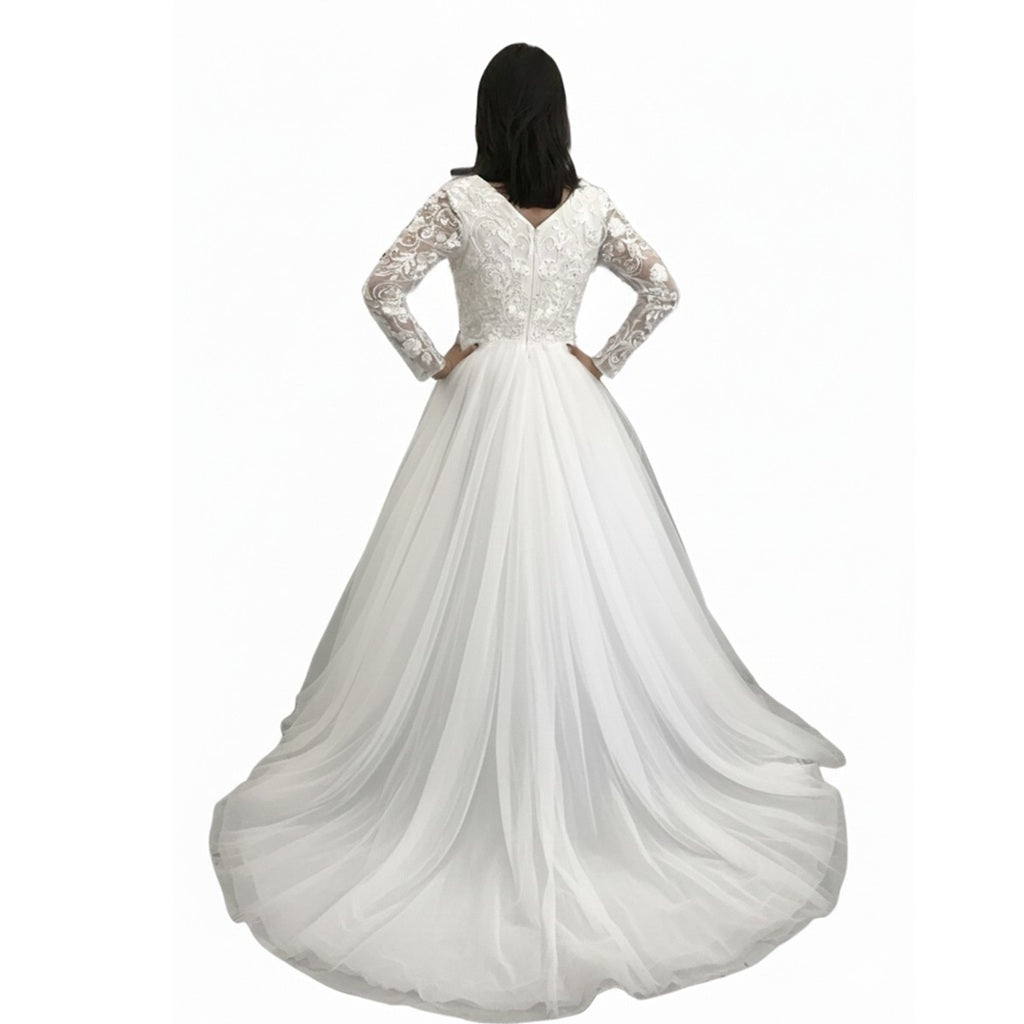 Handcrafted Beaded Long-Sleeve White Wedding Gown with Deep-V Neckline