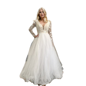 Handcrafted Beaded Long-Sleeve White Wedding Gown with Deep-V Neckline