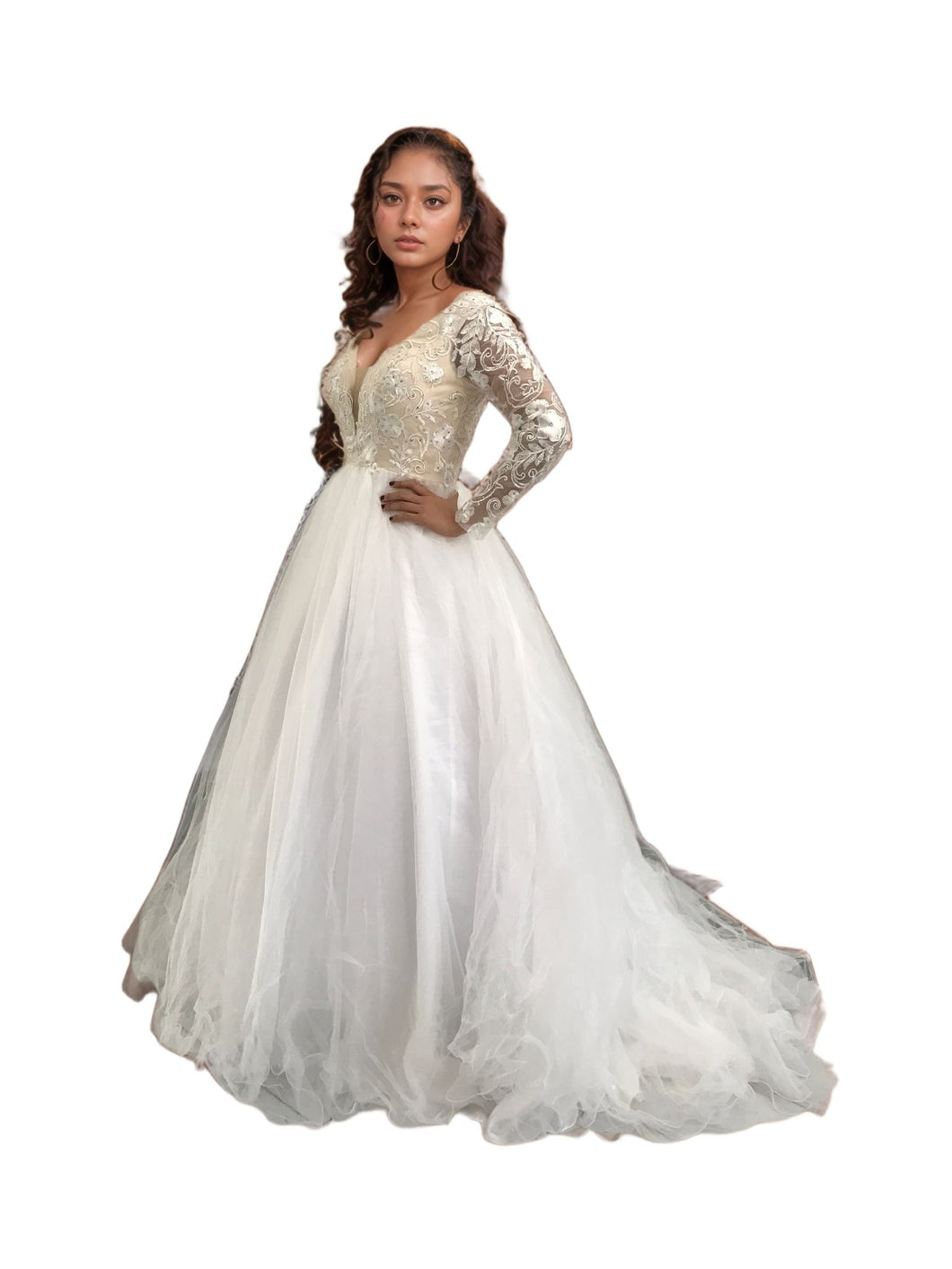 Handcrafted Beaded Long-Sleeve White Wedding Gown with Deep-V Neckline