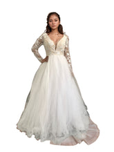 Load image into Gallery viewer, Handcrafted Beaded Long-Sleeve White Wedding Gown with Deep-V Neckline
