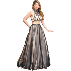 Black Beaded Two-Piece Long Prom Dress with Petticoat