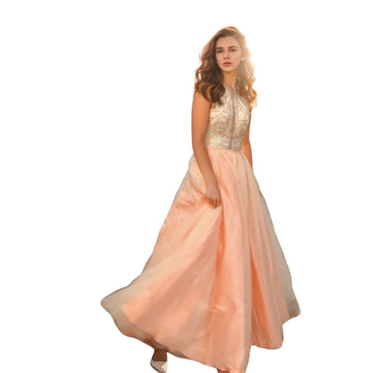 Beaded Peach Long Trumpet Prom Dress with Crinoline