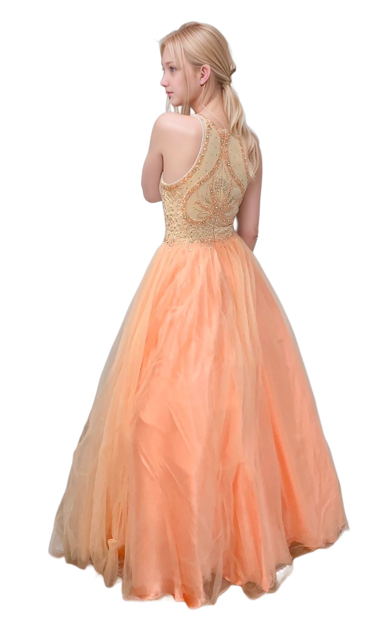 Beaded Peach Long Trumpet Prom Dress with Crinoline