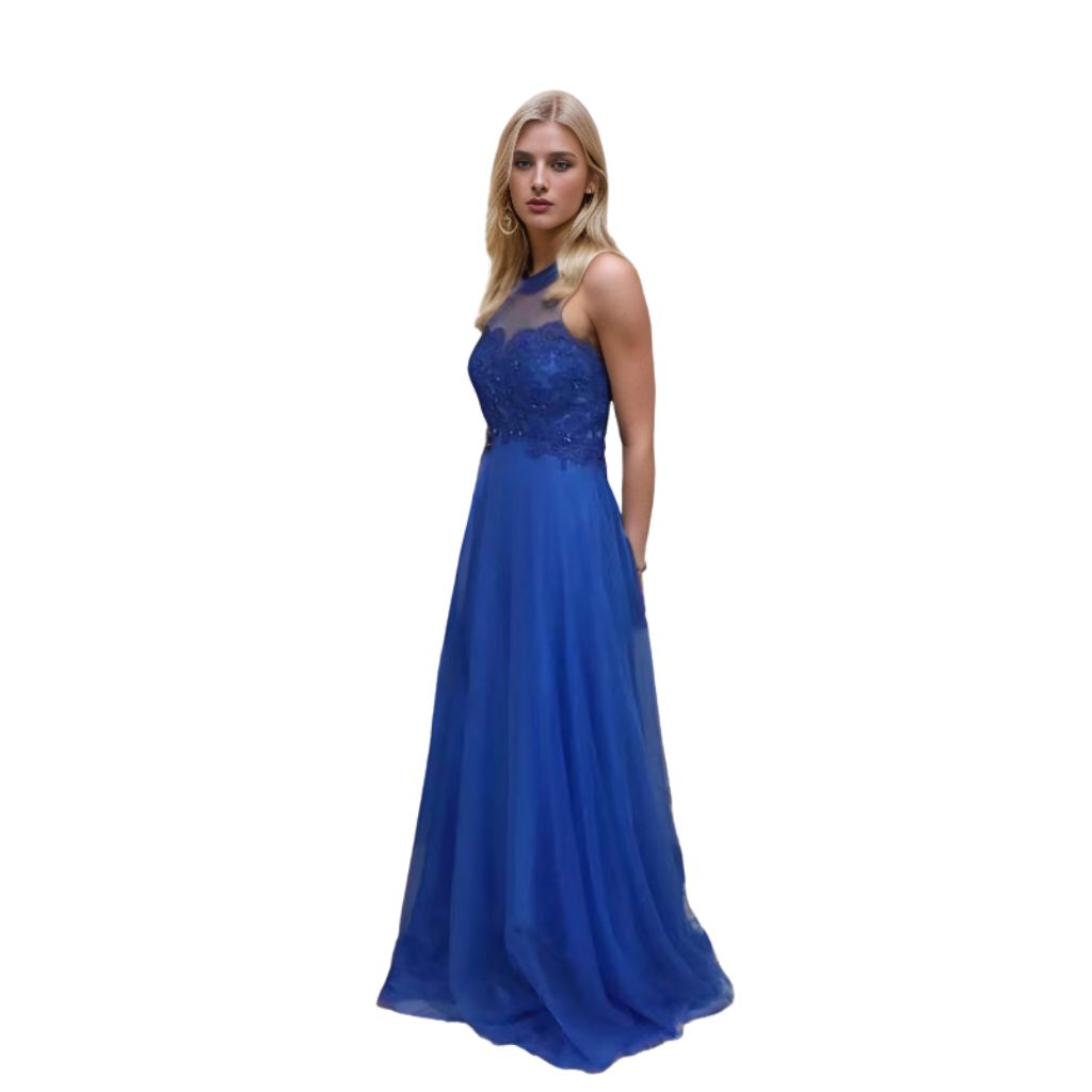 Beaded Lace Halter Long Evening Dress