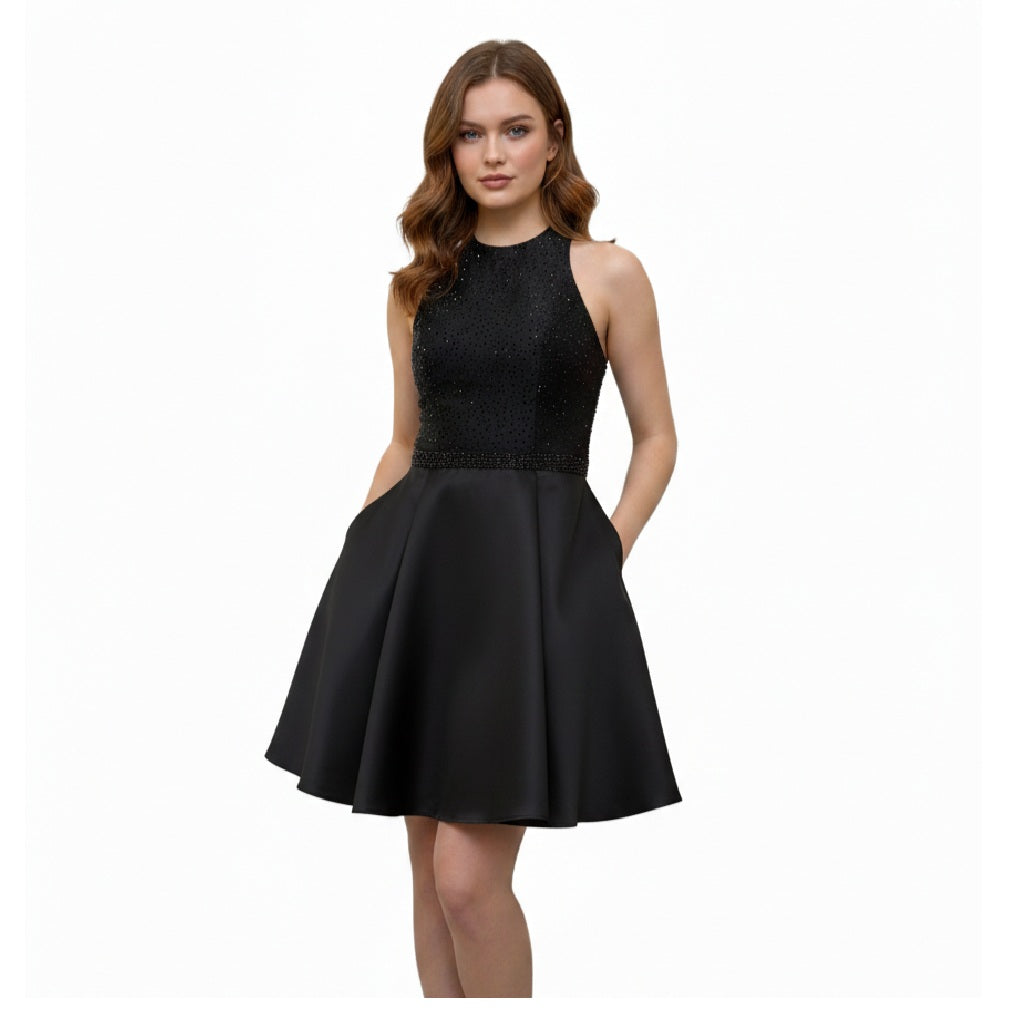 Beaded Black Cocktail Dress with Lace up Closure