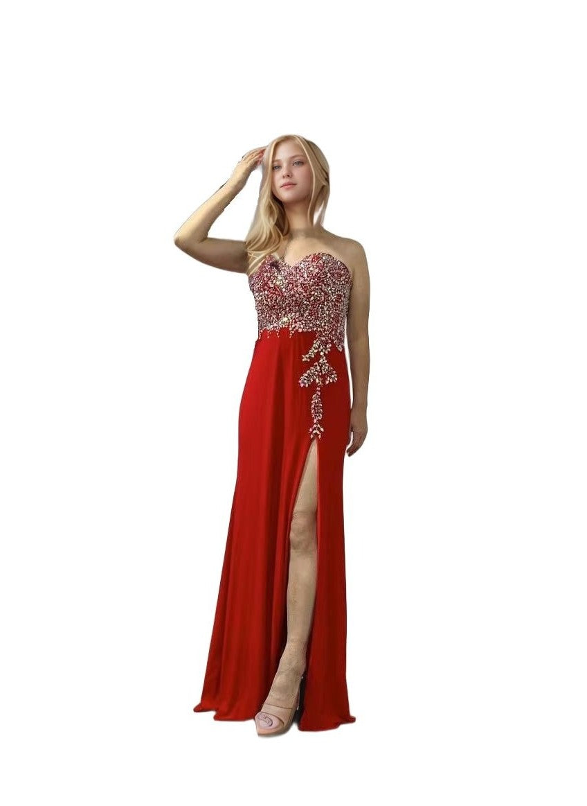 Strapless Beaded Slit Long Dress