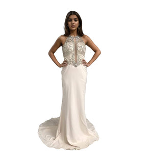 Crystal Beaded Halter Long Evening Dress